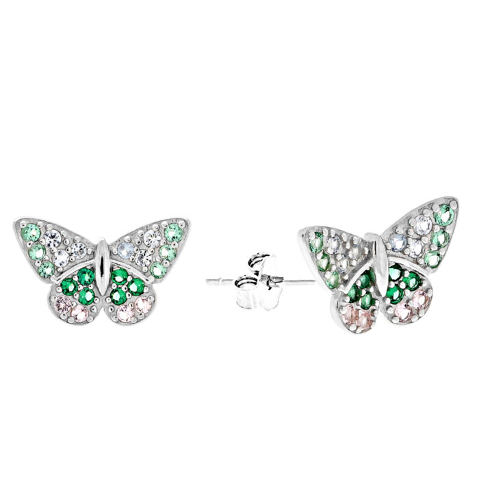Kolczyki srebrne motylki z zielonymi cyrkoniami - obrazek 2