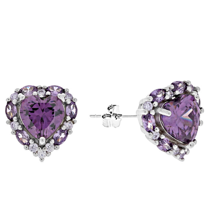 Kolczyki srebrne serca z cyrkoniami w odcieniach fioletu - obrazek 2