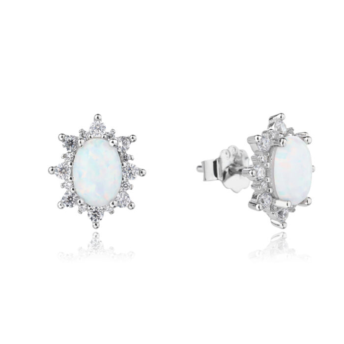 Kolczyki srebrne z kamieniem w kolorze białego opala - obrazek 2