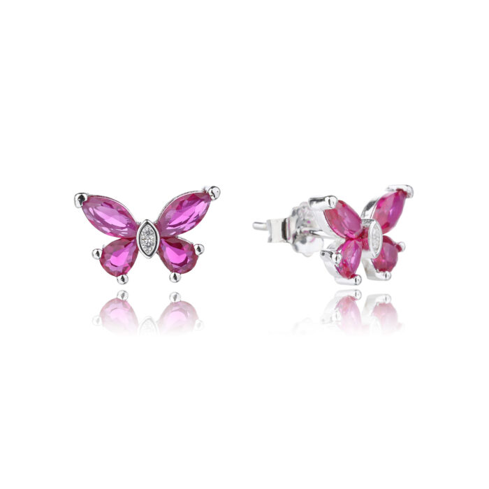 Kolczyki srebrne motylki z różowymi cyrkoniami - obrazek 2