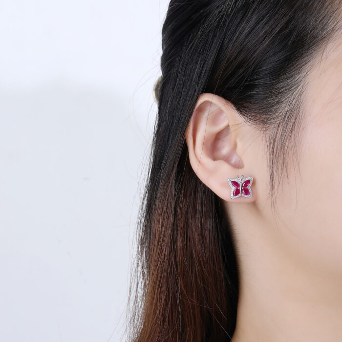 Kolczyki srebrne motylki z różowymi cyrkoniami - obrazek 3