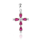 Zawieszka srebrna krzyżyk cyrkonie w kolorze rubinowym