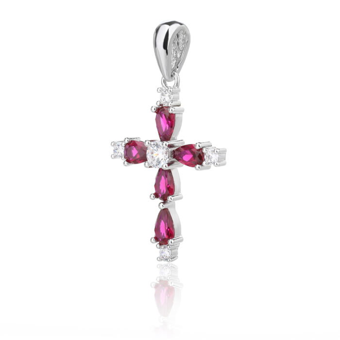 Zawieszka srebrna krzyżyk cyrkonie w kolorze rubinowym - obrazek 2