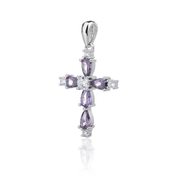 Zawieszka srebrna krzyżyk cyrkonie fiolet - obrazek 2