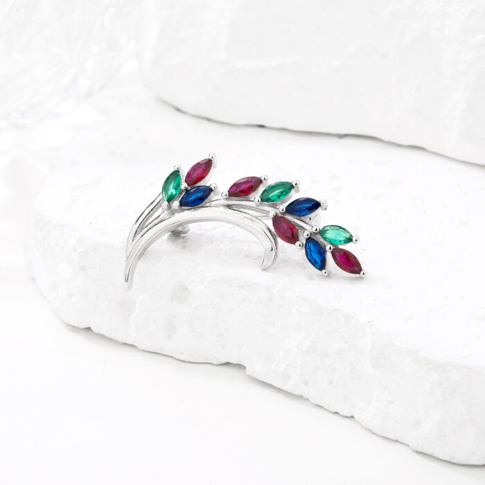 Broszka srebrna 925 listki z kolorowymi cyrkoniami - obrazek 2