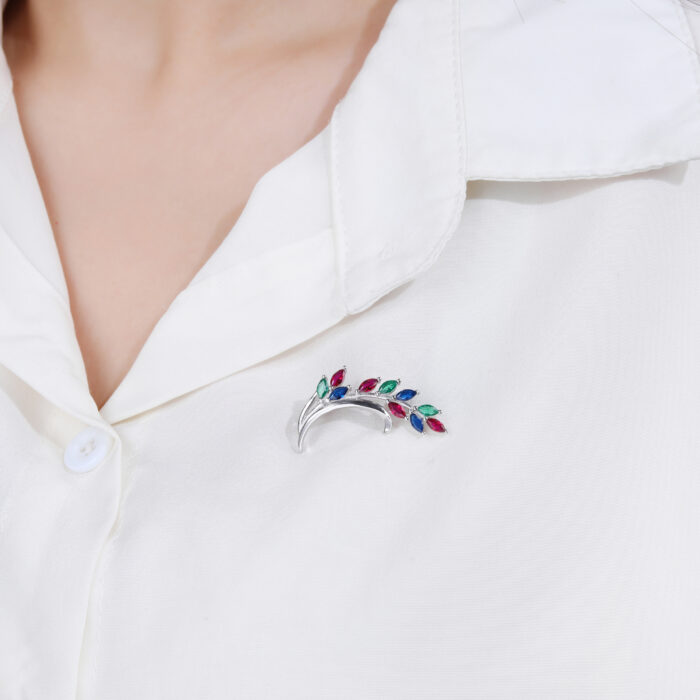 Broszka srebrna 925 listki z kolorowymi cyrkoniami - obrazek 3