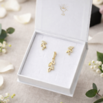 Złoty komplet – kolczyki i zawieszka złote listki z cyrkoniami