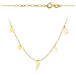 Naszyjnik złoty koniczynka, serce, skrzydło, krzyżyk i gwiazdka