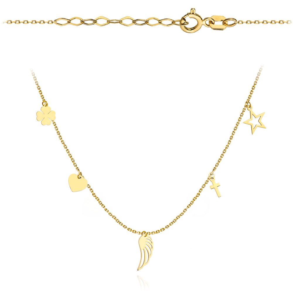 3-N00611-585 Naszyjnik złoty koniczynka, serce, skrzydło, krzyżyk i gwiazdka - obrazek 1