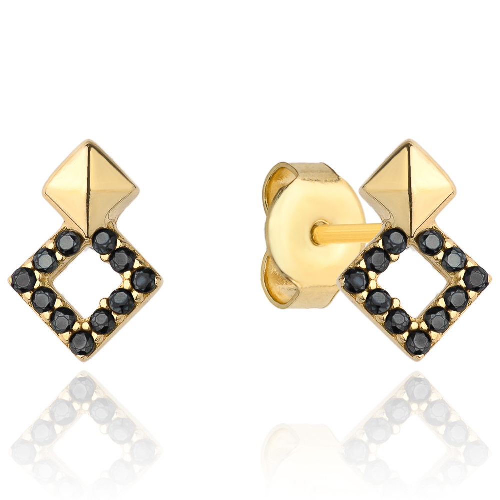 7-4-K00948-2 Kolczyki złote dwa romby z czarnymi kamieniami - obrazek 1