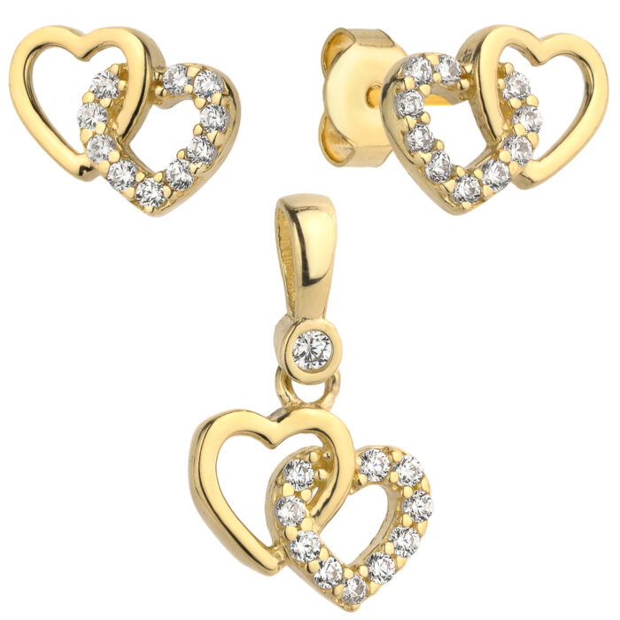Złoty komplet – kolczyki serca i zawieszka z cyrkoniami - obrazek 2