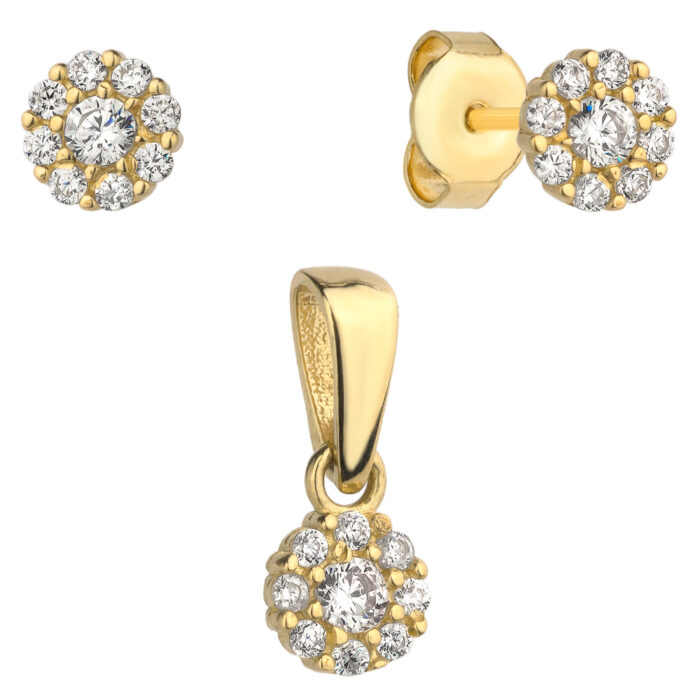 Złoty komplet – kolczyki i zawieszka kwiatuszek z cyrkoniami - obrazek 2