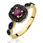Pierścionek złoty z rubinem i czarnymi diamentami