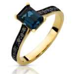 Pierścionek złoty z topazem i czarnymi diamentami