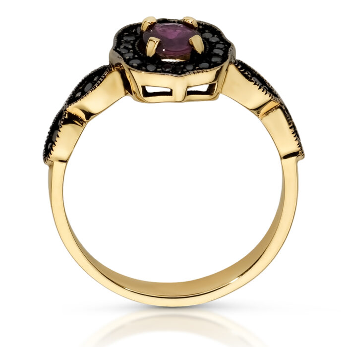 Pierścionek złoty z rubinem i czarnymi diamentami - obrazek 2