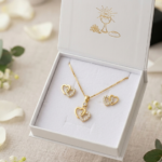 Złoty komplet – kolczyki serca i zawieszka z cyrkoniami