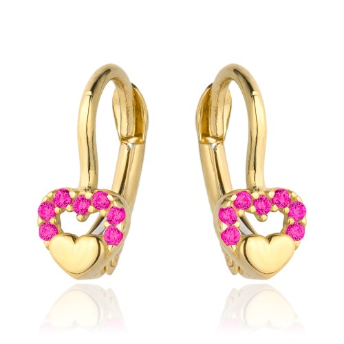 Kolczyki-zlote-wypukle-serduszko-w-sercu-z-purpurowych-cyrkonii Kolczyki złote dziecięce serduszka komunia święta - obrazek 1