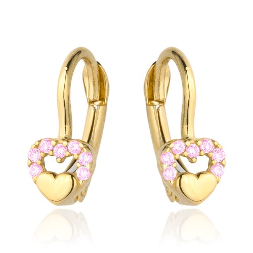 Kolczyki-zlote-wypukle-serduszko-w-sercu-z-rozowych-cyrkonii Kolczyki złote dziecięce serduszka komunia święta - obrazek 1