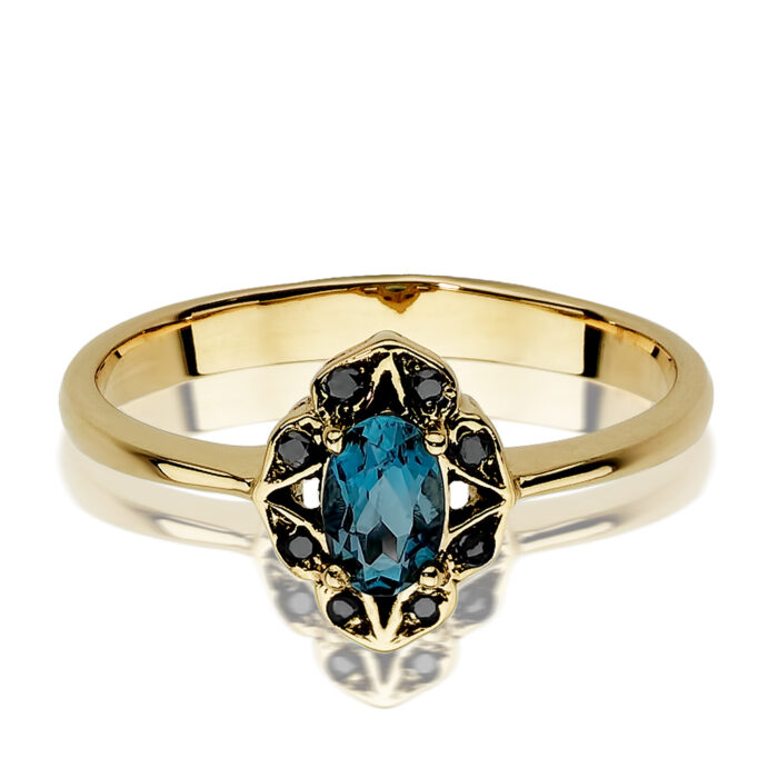Pierścionek złoty z topazem i czarnymi diamentami - obrazek 3