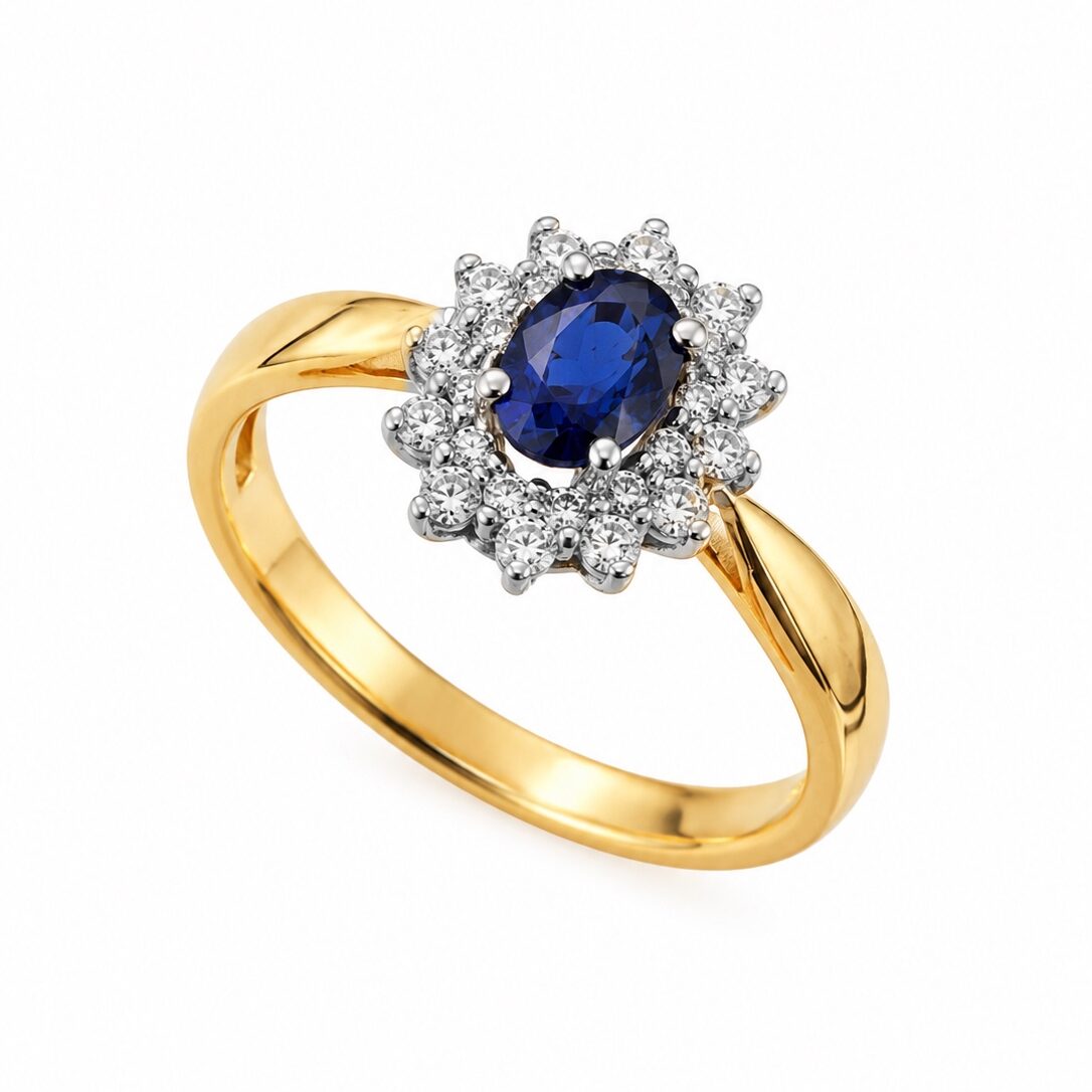 szafir 0,55ct d.nat. 0,23ct r.16 2,8g au585 3490 (2) Pierścionek złoty z szafirem i diamentami - obrazek 1